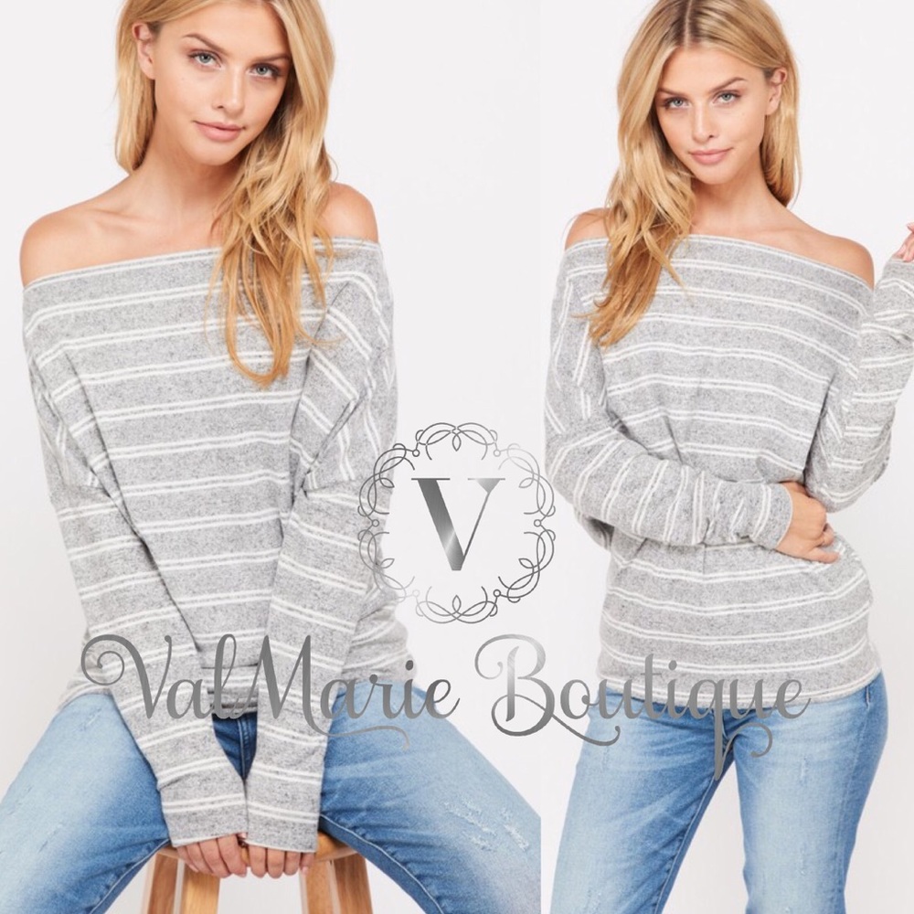 Grey striped off shoulder top - Picture 2 of 4